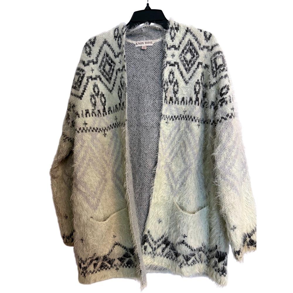 Knox Rose Cardigan Sweater Med Gray White, Tribal, Boho, Cozy, Longline, Fuzzy